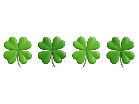 Four green four leaf clovers in a row lucky luck isolated on a transparent background