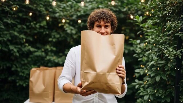 Person holding a large brown paper package in front of their face in a garden setting.