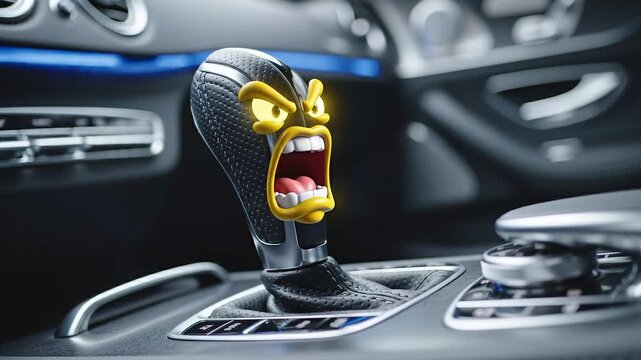 Angry car gear with human like face symbolizing mechanical failure and technical stress