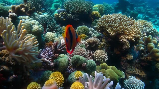 Vivid coral reef ecosystem with a colorful damsel fish underwater scenery