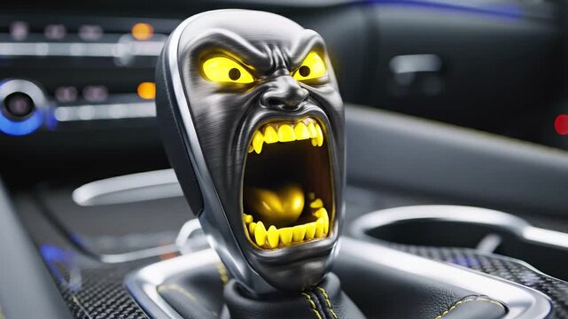 Angry car gear with human like face symbolizing mechanical failure and technical stress