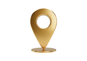 Gold map pin location pointer icon on circular base with metallic finish