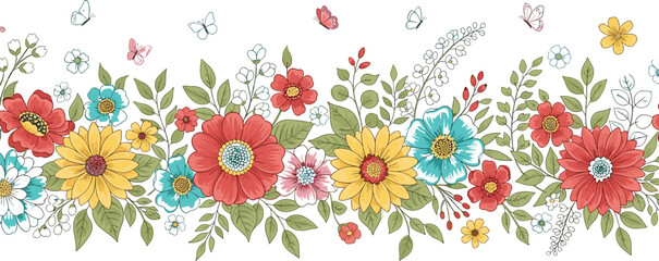 Seamless floral border with hand drawn garden flowers, colorful blossoms, green leaves and butterflies for romantic summer greeting card