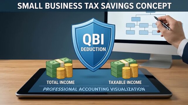 Small business tax savings with QBI deduction shield, stacks of money and coins on tablet showing total taxable income, hand pointing at flowchart on computer screen for accounting and finance