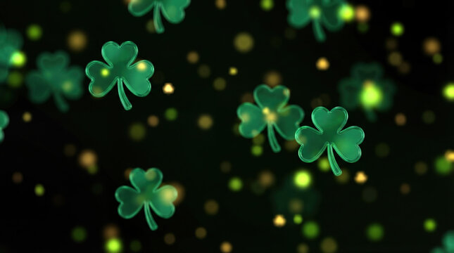 Glowing shamrock clovers drifting upon the dark bokeh background, featuring soft green and gold lights, festive Saint Patrick's Day mood, abstract close-up perspective and rich emerald tones