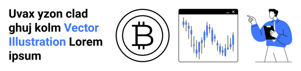 Fototapeta premium Cryptocurrency, finance analysis, blockchain technology, investment, data monitoring, trading tools. Bitcoin logo, candlestick chart and professional holding clipboard. Cryptocurrency and finance