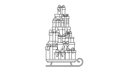 Obraz premium Simple line art illustration of a traditional sleigh carrying a tall mountain of wrapped gift boxes with bows.