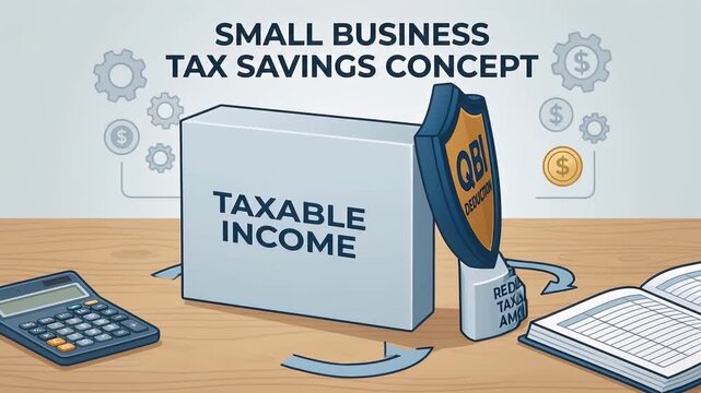 Small business tax savings with QBI deduction shield reducing taxable income amount, calculator and financial ledger on wooden desk illustrating reduced taxable amount and financial planning