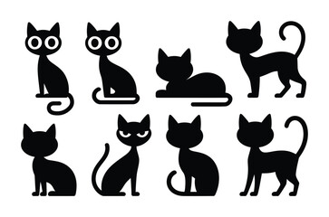 Obraz premium Collection of eight vector black cat illustrations in various poses and styles