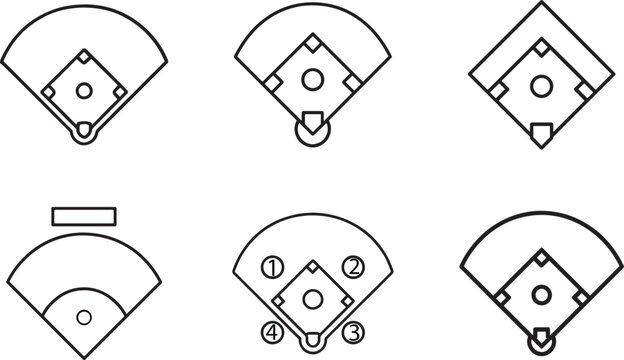 Baseball field linear icon set with clean outlines, minimal vector symbols for sports design use