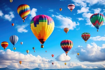 Obraz premium Many colorful hot air balloons peacefully floating high in a clear blue sky over mountains
