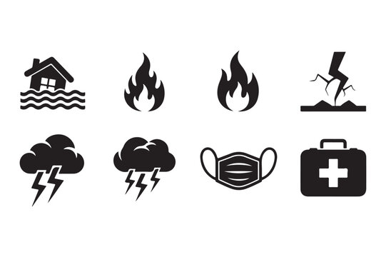 Disaster Icons: Fire, Flood, Storm, Health