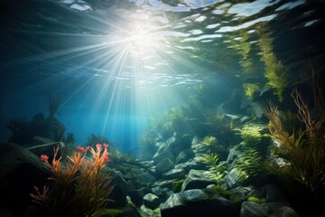 Obraz premium Underwater sunbeams streaming through clear blue ocean, reef life and tranquil aquatic habitat illuminated