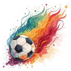 Dynamic and abstract depiction of a soccer ball engulfed in vibrant flames on dark background, symbolizing passion, power, and the intensity of game
