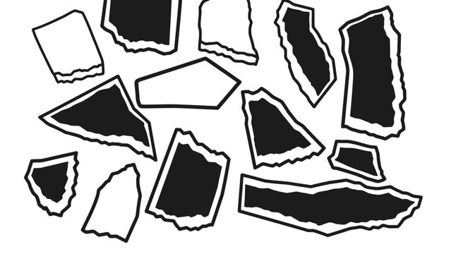 Black and white broken glass fragments on white background