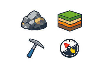 Obraz premium Mining tools and materials shown in a clear layout with no background detail, designed to represent various aspects of mining and geology activities in a simple way