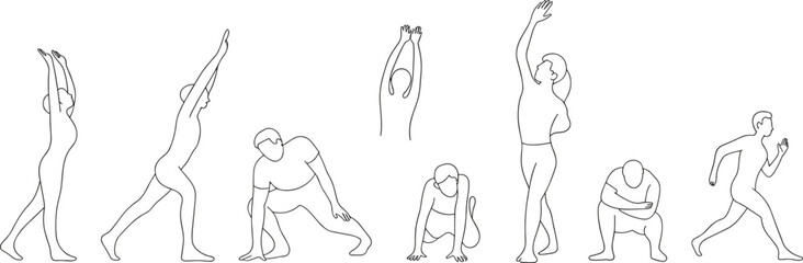 People line illustration set exercise yoga stretching warm up running poses fitness healthy lifestyle vector outline collection