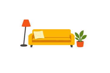 Bright orange couch with a yellow cushion next to a lamp and a plant in a pot, set in an indoor space during the day