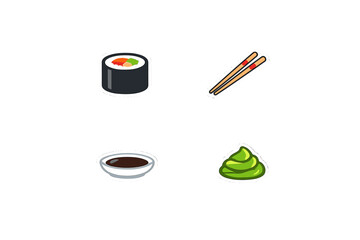 Sushi with chopsticks, wasabi, and soy sauce on a white background during a food preparation setting