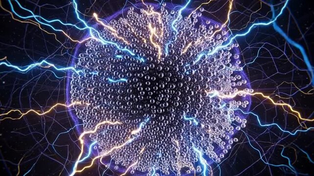 Electric energy burst with lightning and binary code on dark background