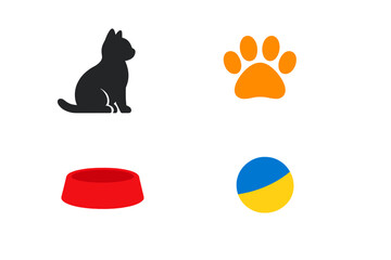 Different items for a cat include a black cat silhouette, a paw print, a red food bowl, and a blue and yellow ball © Mark