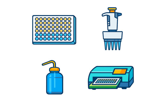 Various laboratory tools and equipment used for scientific experiments and analysis displayed together in a simple arrangement