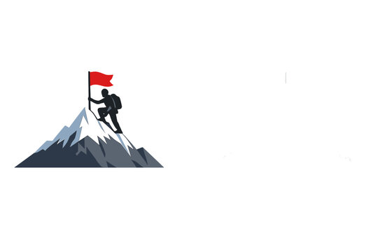 Climber reaches the peak of a mountain and raises a flag to celebrate the achievement during bright day