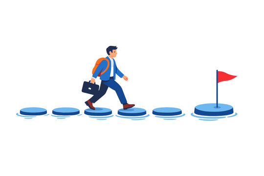 Man walking on stepping stones towards a flag on a small island in a conceptual graphic about reaching goals and success