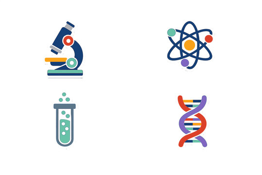 Symbols of science and research show a microscope, an atom, a test tube, and a DNA strand on a simple white background in a clear design suitable for educational purposes
