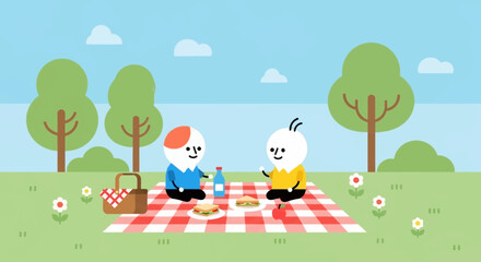 Fototapeta premium Two cartoon characters having picnic outdoors.