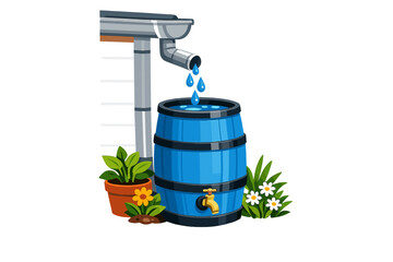 Rainwater is collected in a blue barrel outside a house with plants and flowers next to it