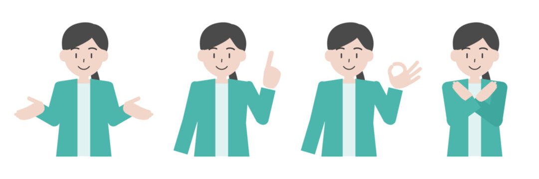 判断・選択のポーズをする女性のイラスト4種セット（案内・提案・OK・NG）