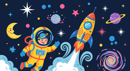 Fototapeta premium Astronaut in Space Suit Flying with Rocket.