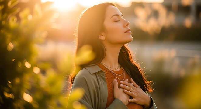 young woman with closed eyes and hands over heart embracing a moment of peace and self-care in warm golden hour light outdoors.