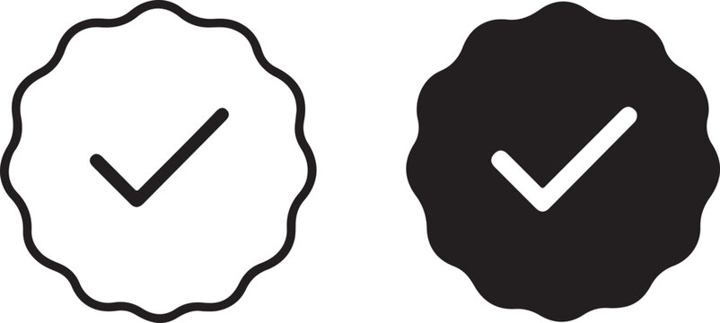 Two achievement badge icons with scalloped border and checkmark, outline and solid black, flat vector