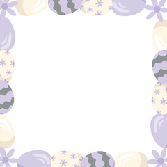 Obraz premium A square frame with purple Easter eggs and flowers. Vector illustration of Easter eggs with a geometric and floral pattern. Copy space. Perfect for Easter-themed designs.
