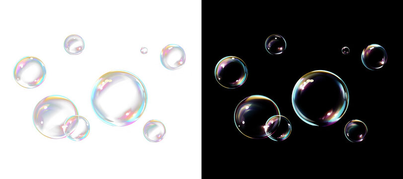 Dense transparent soap bubbles of different sizes with varied iridescent shades on split background.