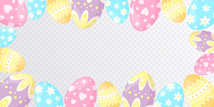 Decorative frame with blue, purple,pink and yellow easter eggs  isolated on transparent background Happy Easter border.Spring icon. Flat design. Cute Easter eggs.Decorative element for Easter.Vector 