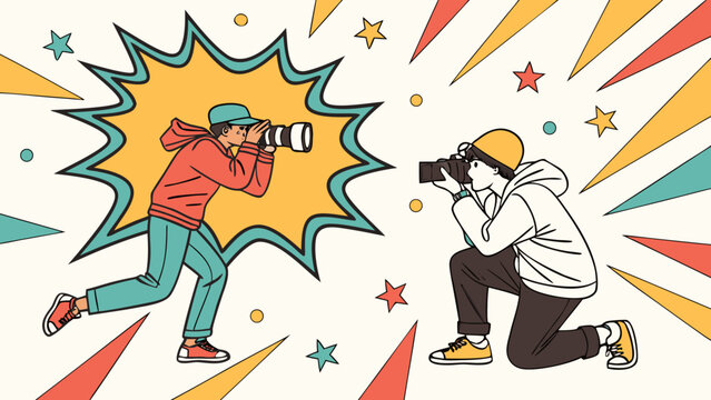 Two photographers in casual clothing taking pictures of each other in a colorful comic style