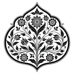 Intricate islamic floral arabesque pattern in black and white illustration, symmetrical design, ornate artwork, detailed vector graphics, decorative element