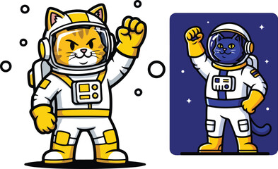 Naklejka premium Adorable cartoon astronaut cat mascot character enthusiastically raising a fist in a gesture of victory on transparent background