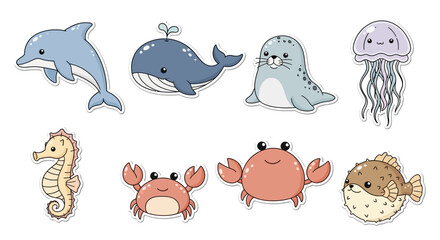 Cartoon aquatic creatures collection dolphin whale seal jellyfish seahorse crab pufferfish © Hadi