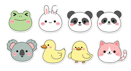 Fototapeta premium Cute cartoon animal stickers set frog rabbit panda koala duck chick cat