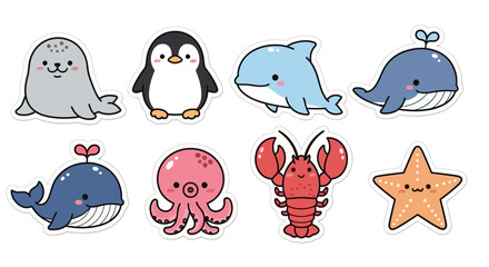 Cartoon sea animal collection featuring seal penguin dolphin whale octopus lobster starfish © Hadi