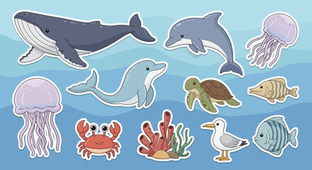 Cartoon ocean life illustration featuring whale dolphin jellyfish turtle crab fish © Hadi