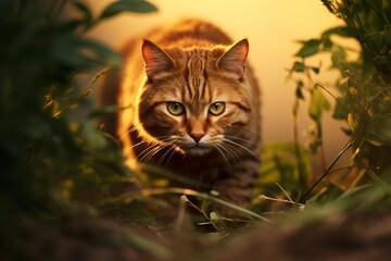 Naklejka premium Ginger tabby cat with intense eyes focused on prey, moving through green foliage at sunset