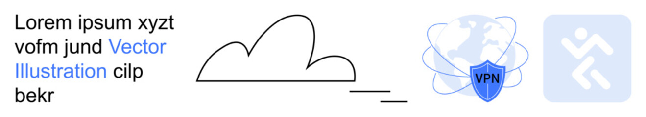 Cloud storage, VPN, cybersecurity, data encryption, remote access, privacy tools. Cloud icon, VPN shield and tech symbols security. Cloud storage and VPN concept