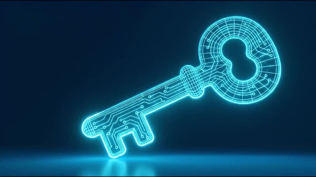 Digital key with glowing blue circuit pattern and electronic board design on dark background symbolizing futuristic technology innovation security and cybersecurity reflection effect
