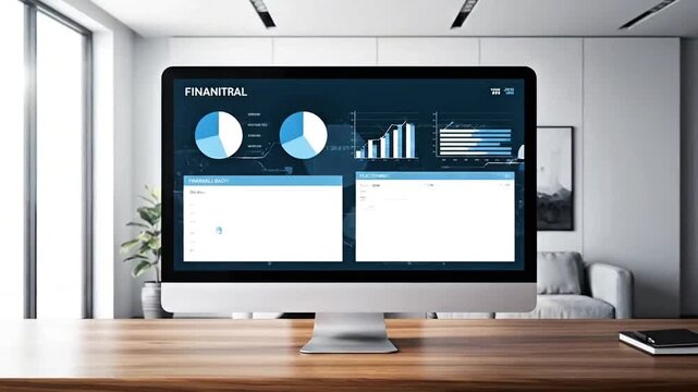 Full HD silent video of a large monitor showing a blank financial dashboard.
Modern office setting, clean composition, smooth animation.
No sound, no text, no logos.