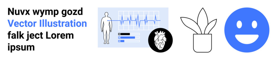 Fototapeta premium Healthcare, anatomy, diagnostics, wellness, nature, emotions. Medical chart, human figure heart graphic plant pot and smiling face. Healthcare and wellness visualization concept